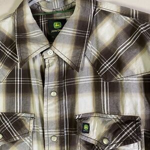 John Deere Shirt Mens XL Brown Plaid Pearl Snap Short Sleeve Pocket Yoke Western